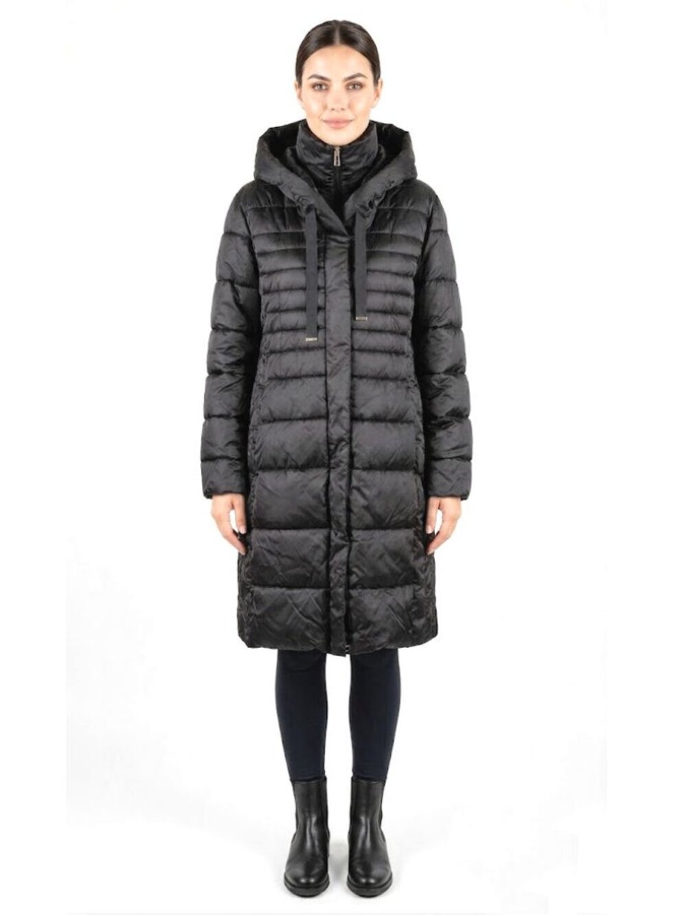 Tahari Long Quilted Puffer Coat with Inner Vest, Black, Womens Size X-Large